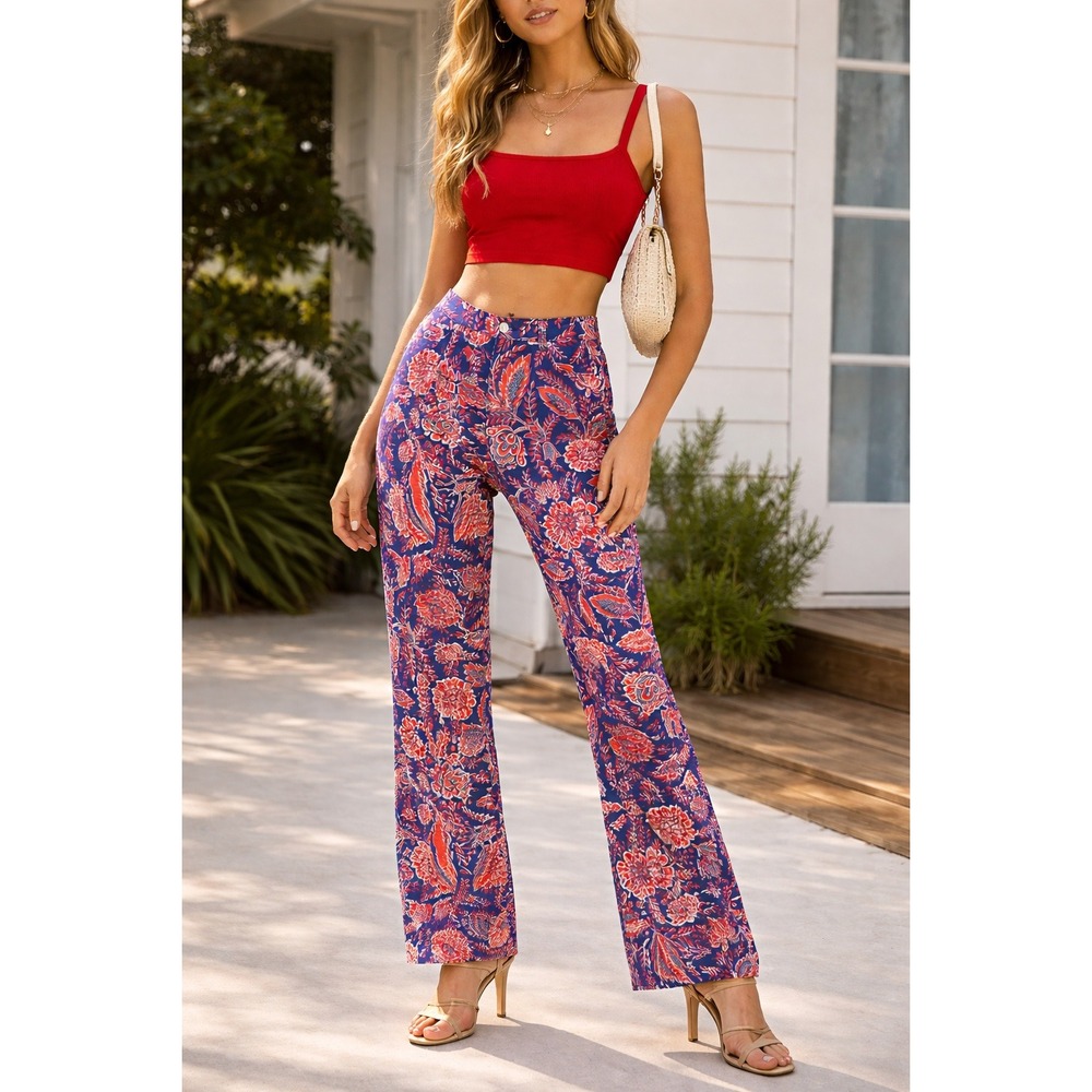 Tommy Hilfiger Vintage Y2K 2001 Floral Print Pants Red White Blue Womens Size 8